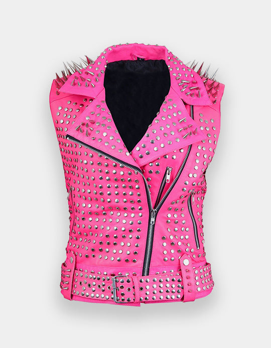 VEST JACKET HANDMADE Men Pink Punk Silver Long Spiked Studded Leather Buttons Up Vest Silver Studs and Spikes Black Leather Made to Orders Studs Spike